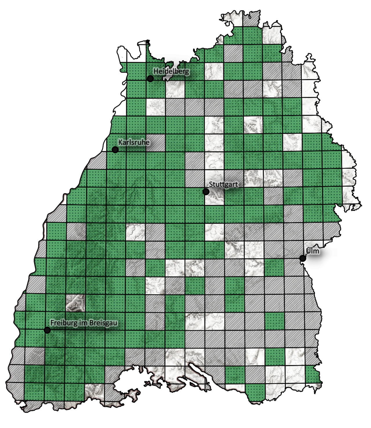 In einem Großteil der Messtischblätter (Topografische Karten 1.25.000) wurde während der der Projektphase 2020 bis 2023 an mindestens einem Standort kartiert. Waldschnepfen wurden jedoch nicht überall nachgewiesen.