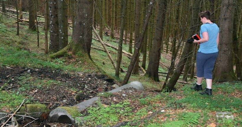 Waldbach mitten im Wald. Eine Person mit Notizbuch steht daneben. Ein Steinrohr ist zu erkennen.