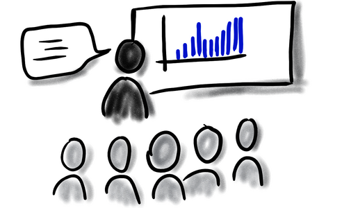 Zeichnung von mehreren Personen, die einem Vortrag lauschen