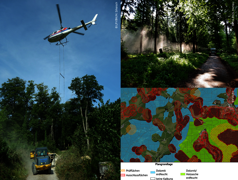 Zu sehen ist eine Bildersammlung: ein Helikopter bei der Aufnahme von Kalkmaterial zur späteren Ausbringung. Ein Unimog (Gebläsefahrzeug bei der Ausbringung von Kalk und eine Planungskarte der Forstbehörde.