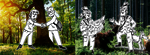 Illustration zeigt Menschen (Waldbesuchende und Forstleute) im Wald. Sie unterhalten sich.