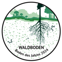 Logo "Waldboden – Boden des Jahres 2024". Man sieht eine Illustration mit Bäumen, Wurzeln, Regewürmern, Pilzen.
