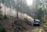 Aus einem Fahrzeug auf einem Waldweg wird Kalk in den Wald geblasen. Staub wirbelt umher.