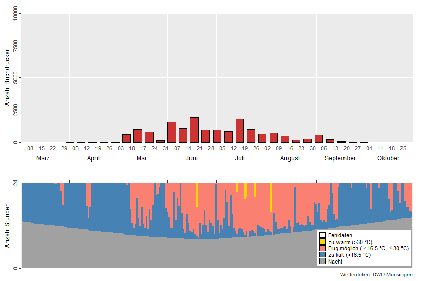 Die Grafik zeigt die wöchentlichen Fangzahlen des Buchdruckers in Relation zu den Temperaturen