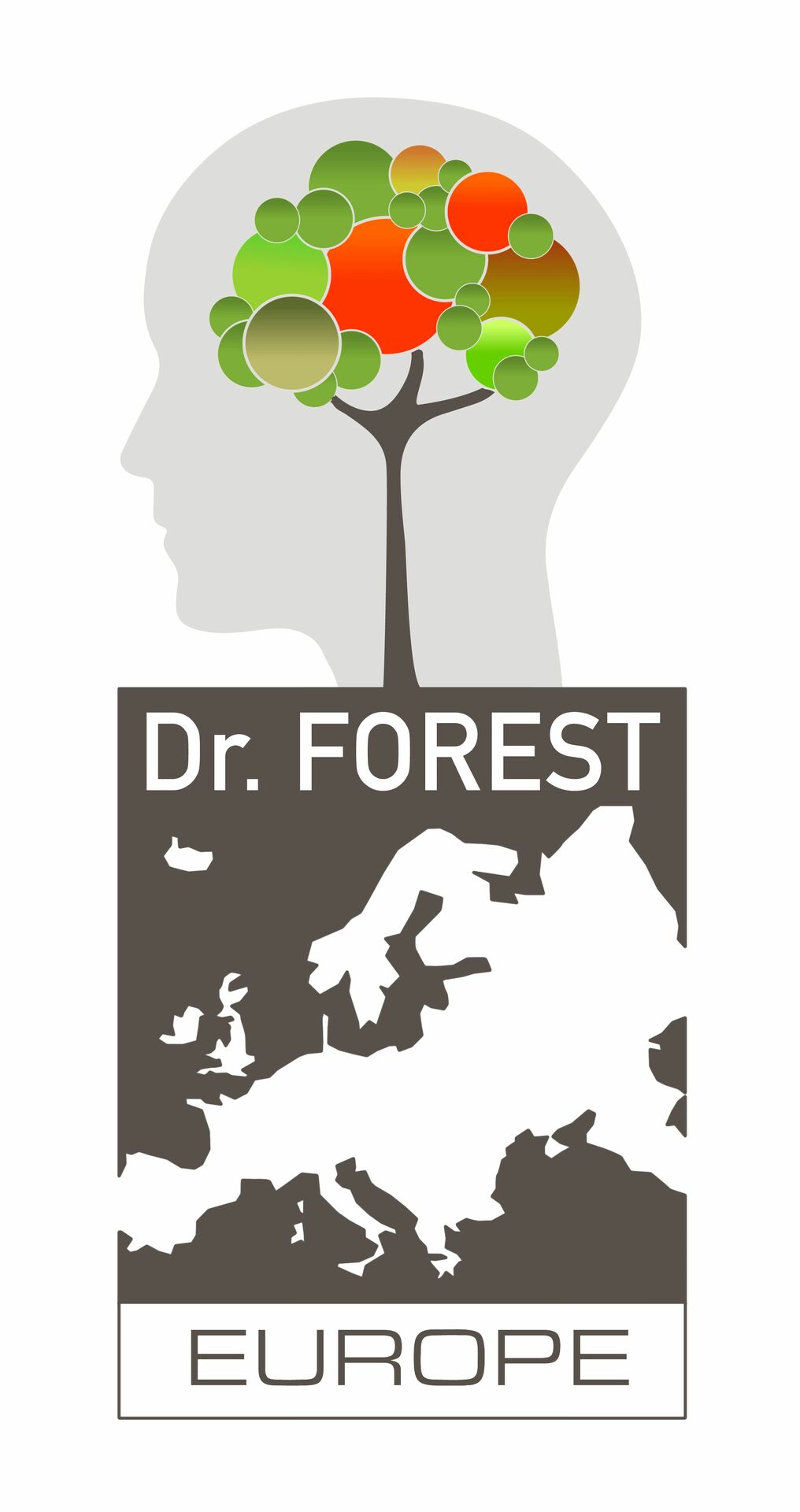 Logo Dr. Forest bestehend aus einem Kopf, einem Baum und dem Kontinent Europa