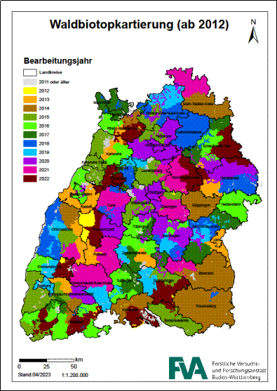 Aktueller Stand (2023) der Waldbiotopkartierung nach Landkreisen