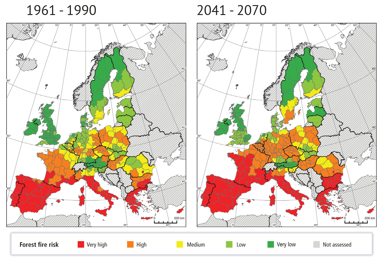 Die Karte zeigt das prognostizierte Waldbrandrisiko für Europa für den Zeitraum 2041-2070 